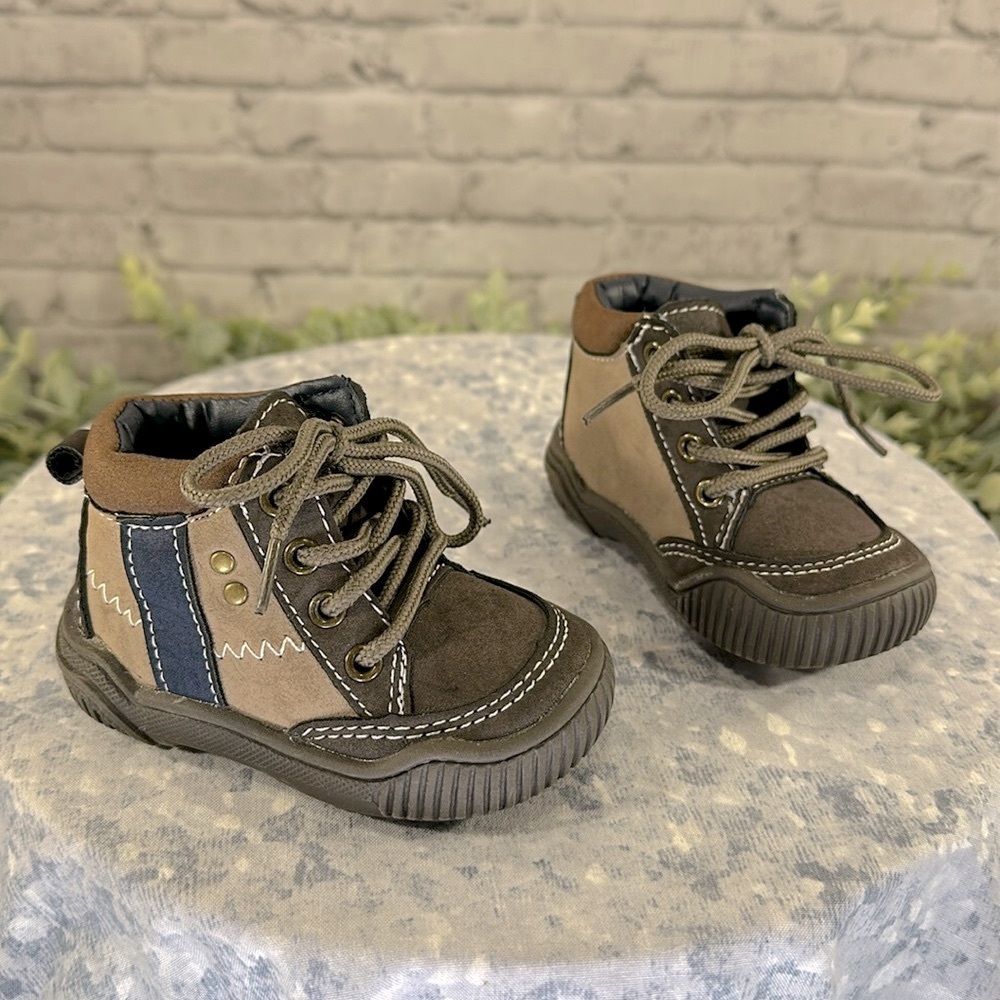 Koala Kids Brown/Tan/Navy Mid-High Lace-up Fashion Hiker Boots Baby Boys 3M🤎EUC